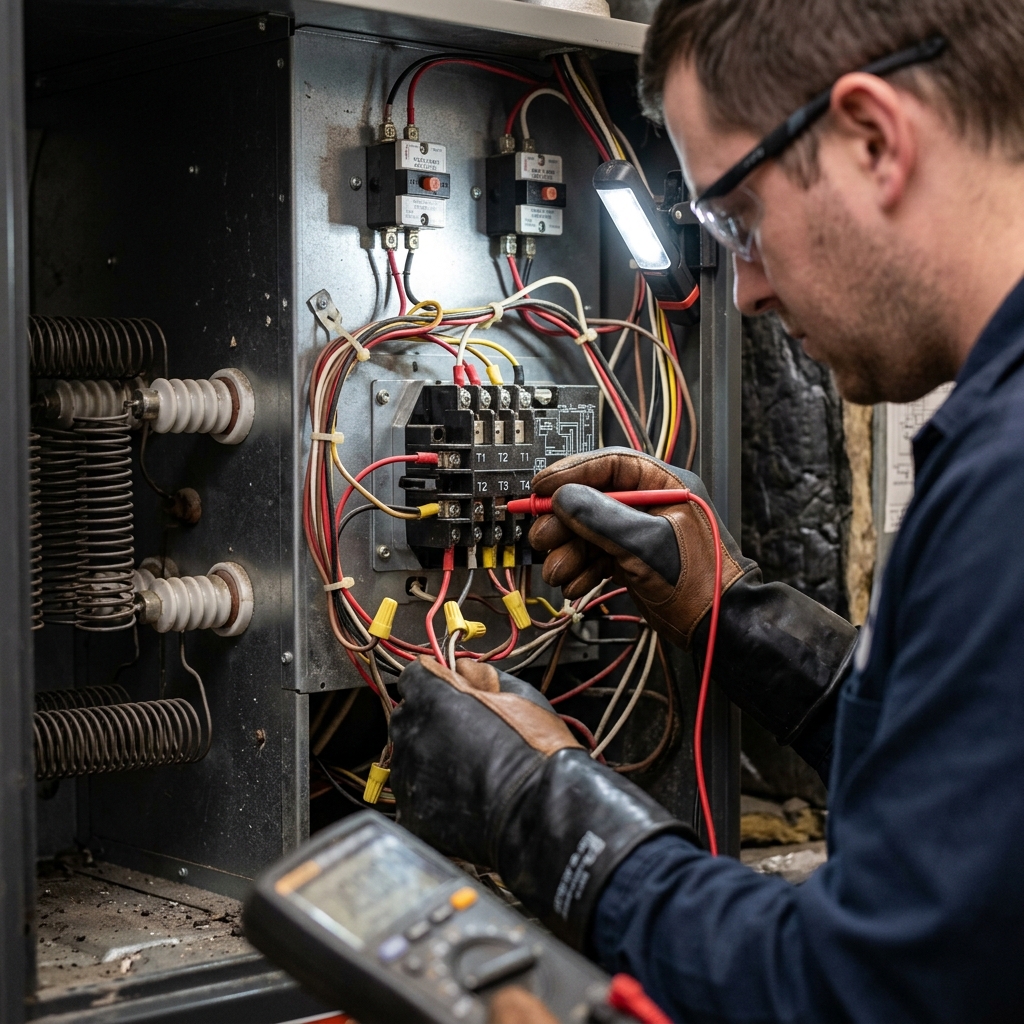 Technician inspecting sequencer and wiring inside electric furnace cabinet in Everett WA