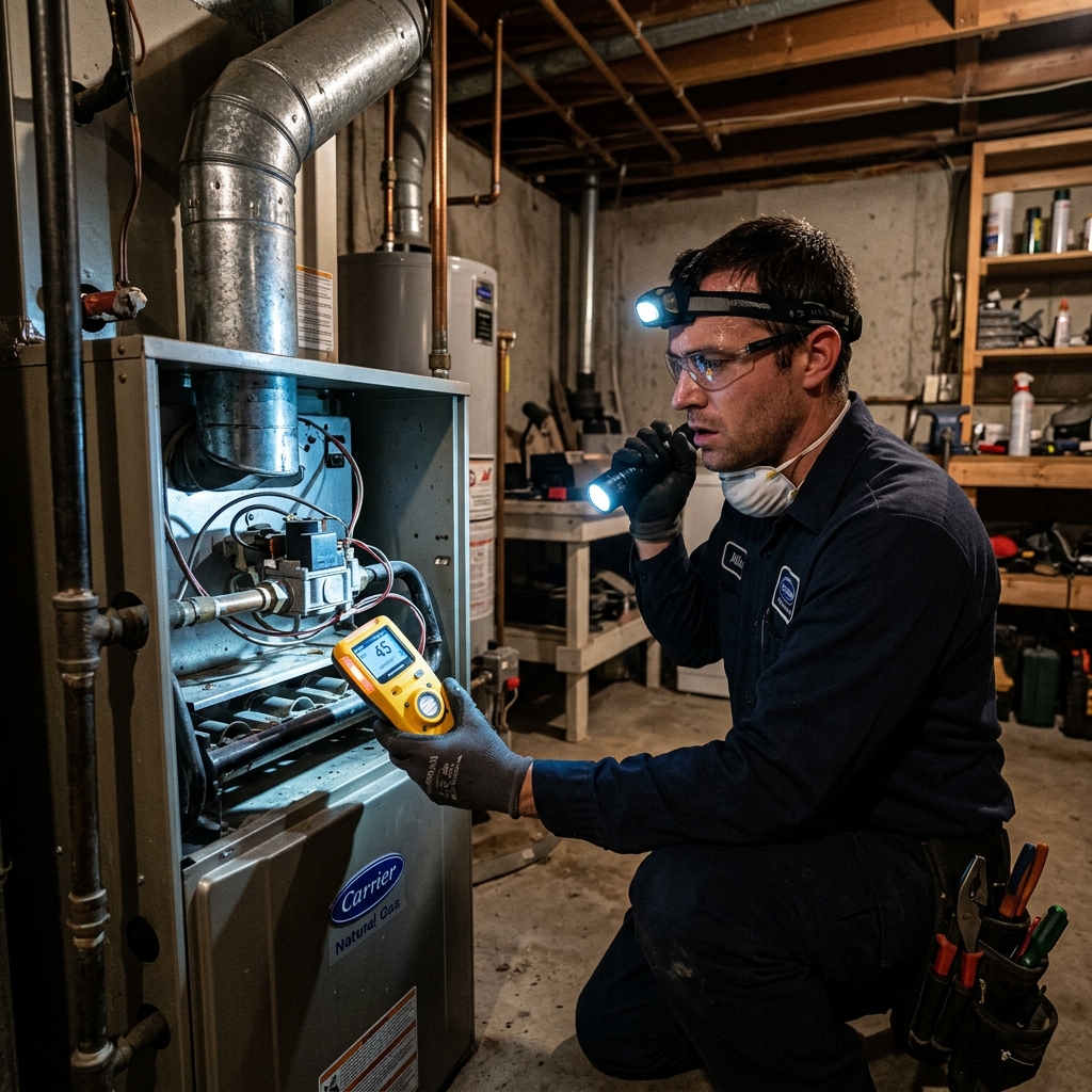 Technician performing emergency safety check with CO monitor on gas furnace in Everett WA