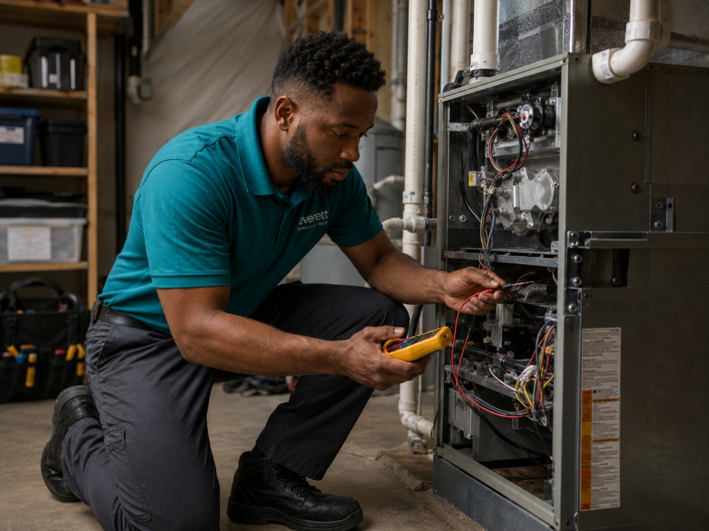 Emergency furnace repair in Everett WA - Certified HVAC technician testing electrical furnace components with multimeter during emergency call