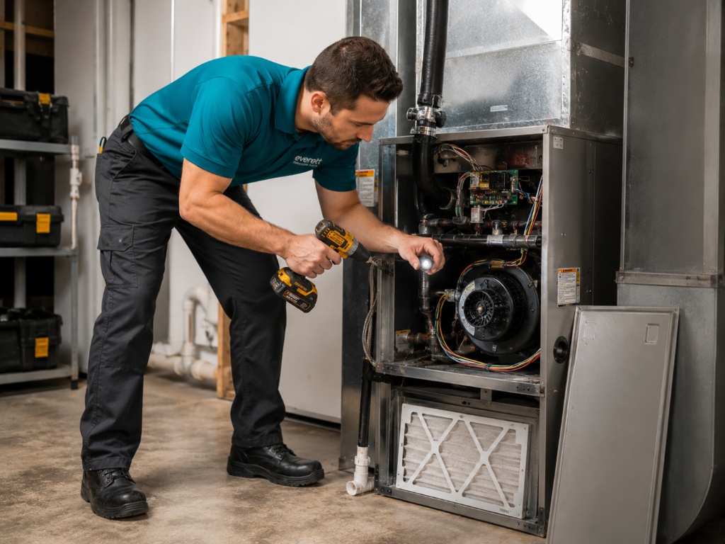 Furnace Blower Motor Repair Everett WA — Technician servicing variable speed ECM blower fan assembly and housing with power tools
