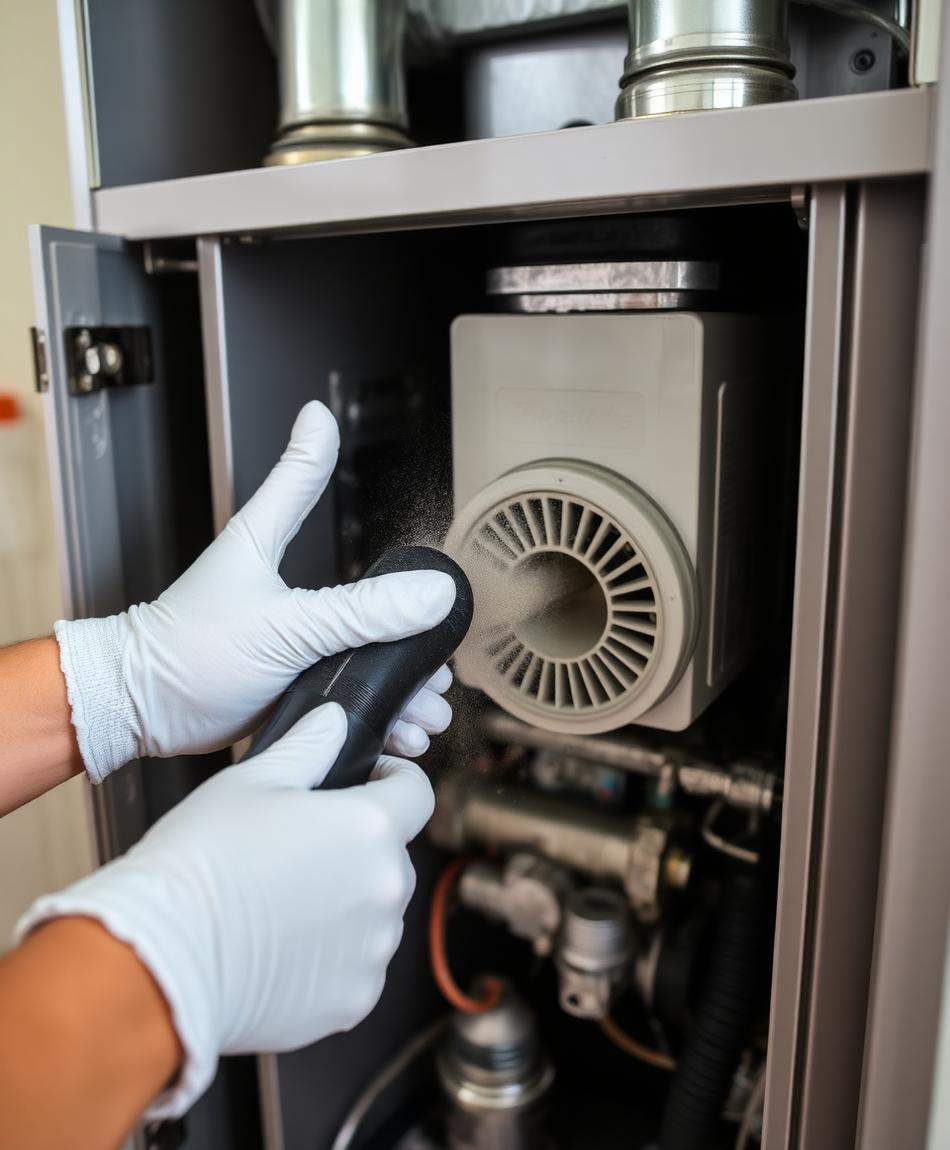 Technician cleaning furnace components during seasonal maintenance tune-up in Everett WA