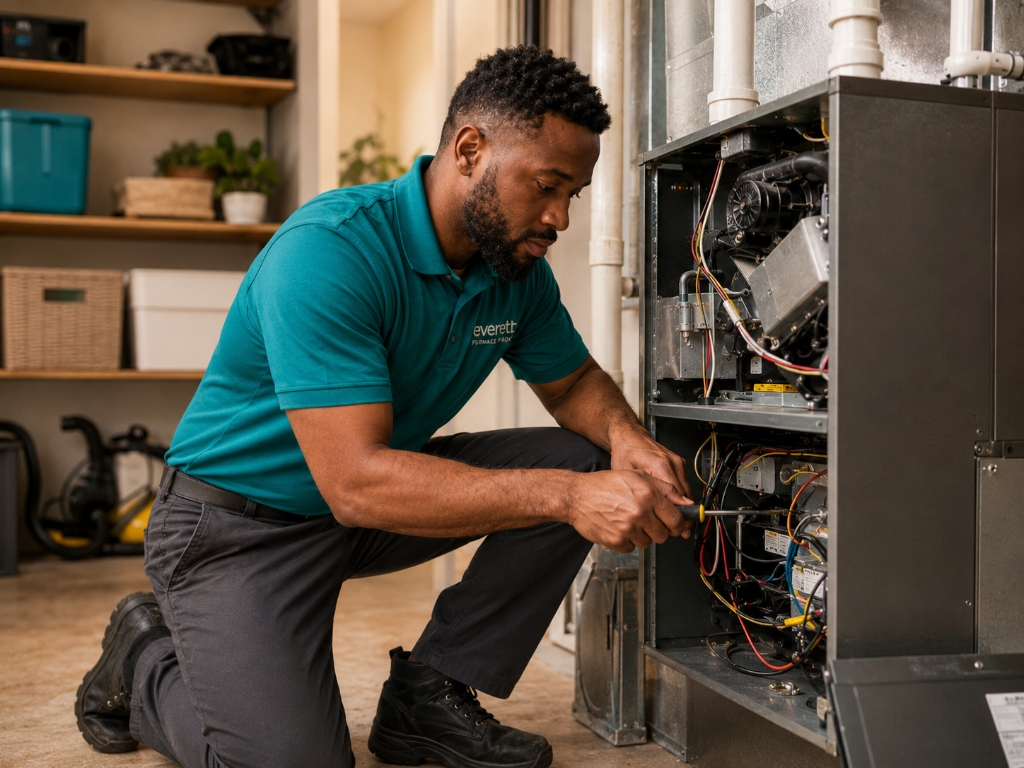 Furnace maintenance in Everett WA - Technician performing annual seasonal tune-up and wiring checks on furnace cabinet