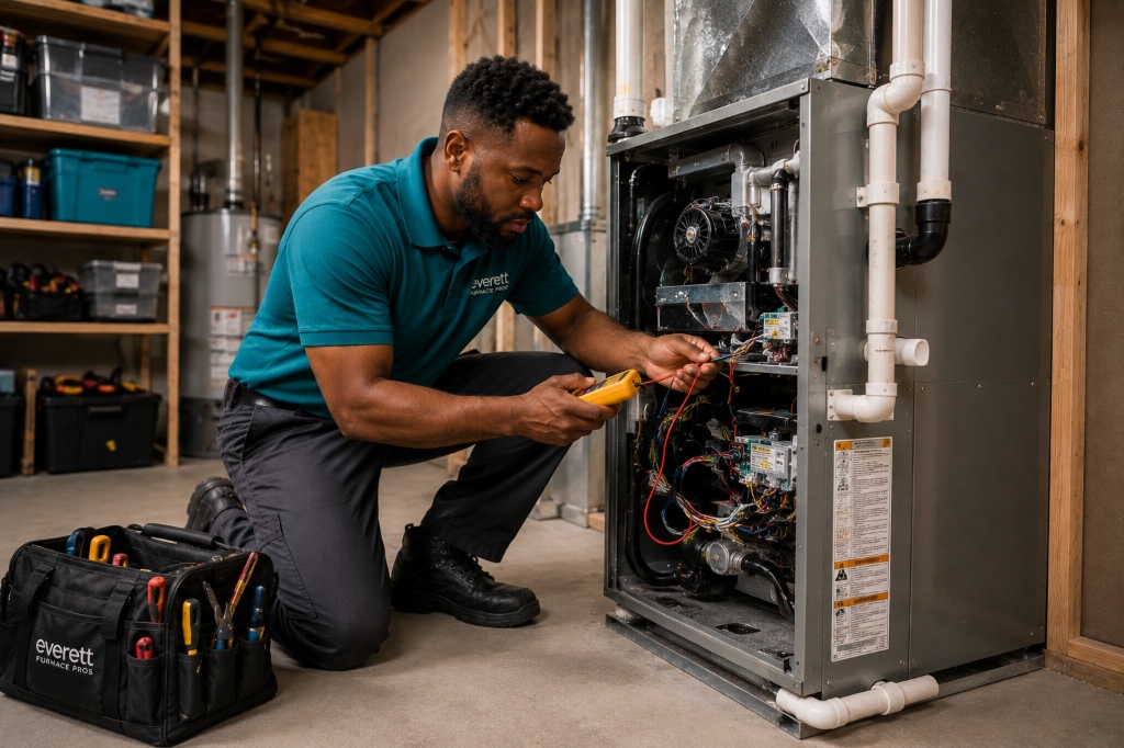Furnace Repair Everett WA — Licensed HVAC technician using digital multimeter to test electrical wiring and safety controls on forced air gas furnace in Everett home