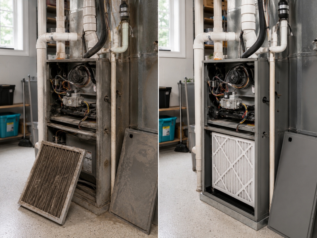 Furnace Maintenance Everett WA — Side-by-side comparison showing heavily clogged dirty air filter replaced with fresh high-efficiency pleated furnace filter