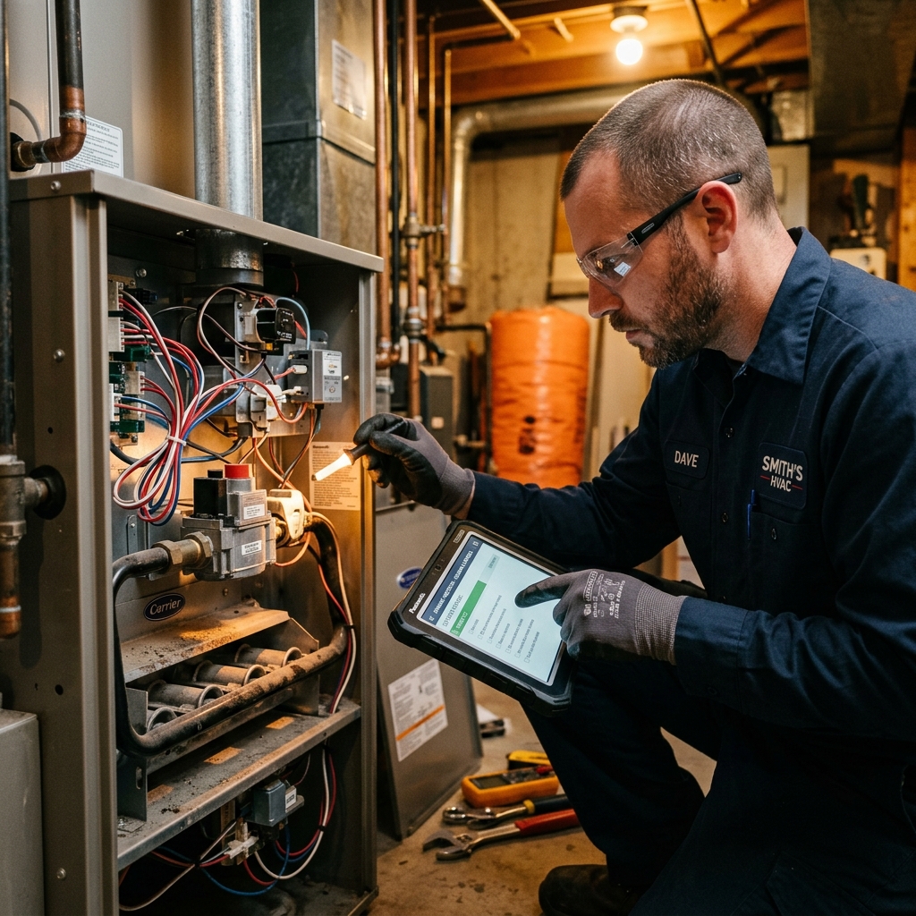 Technician documenting furnace component condition with tablet during inspection in Everett WA