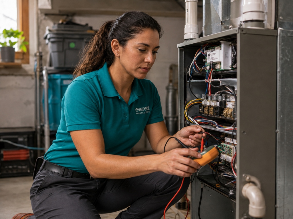 Furnace inspection in Everett WA - Female HVAC technician conducting multi-point diagnostic safety check with multimeter