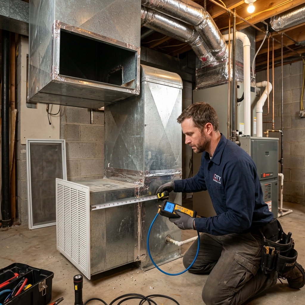 Technician measuring ductwork and evaluating airflow before furnace installation in Everett WA
