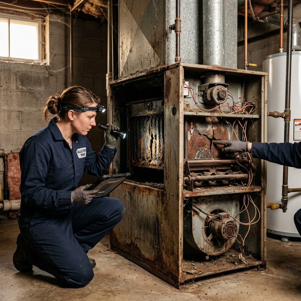 Technician examining aging furnace components during replacement assessment in Everett WA
