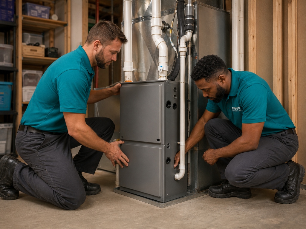 Furnace installation in Everett WA - Two certified HVAC technicians fitting and securing a new high-efficiency gas furnace unit