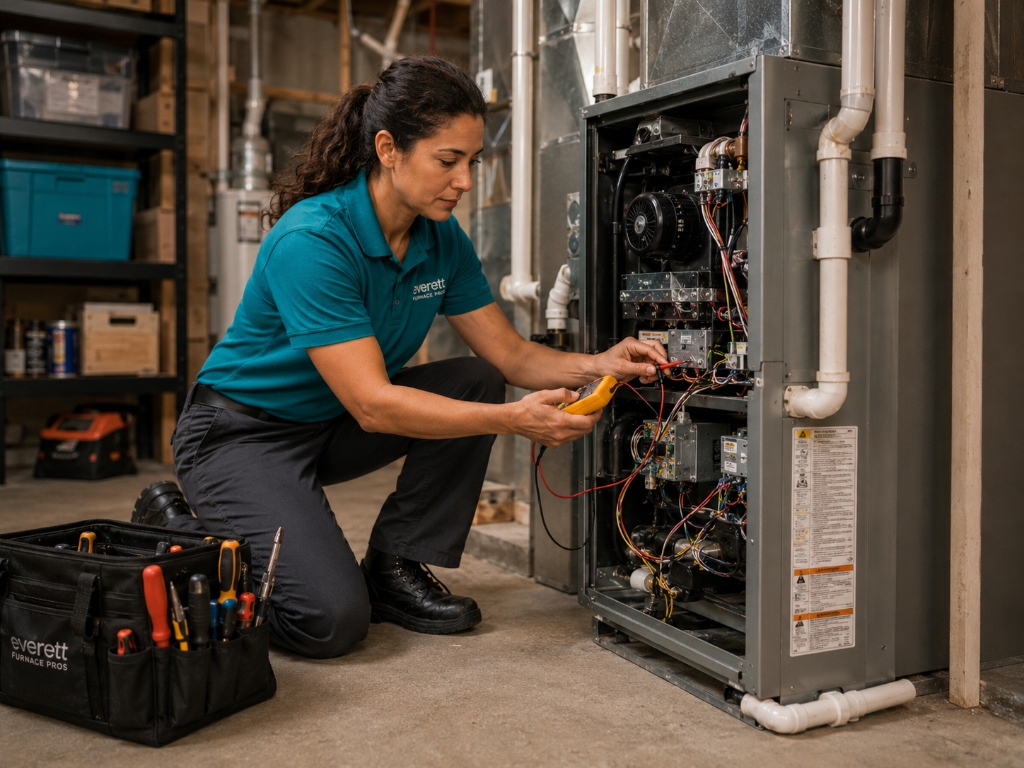 Furnace Inspection Everett WA — Female HVAC specialist performing multi-point safety diagnostic and thermal limit switch check on furnace system