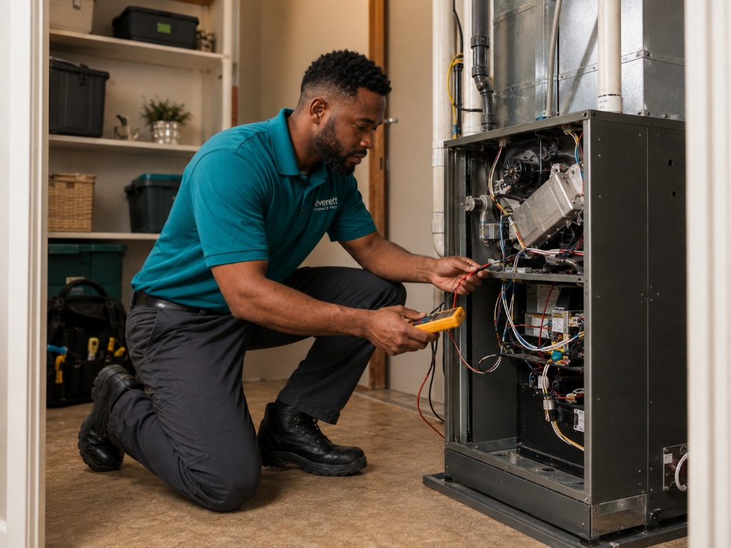 Gas Furnace Diagnostic Everett WA — Certified technician inspecting control board relay sequence and ignitor voltage on gas furnace unit