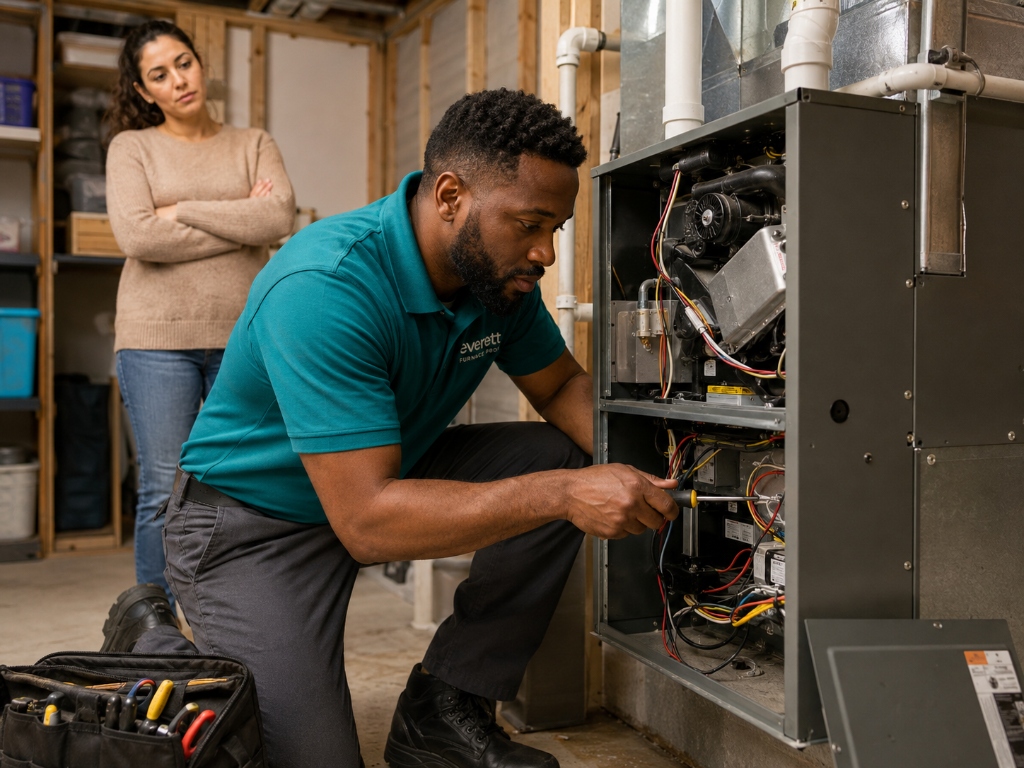 Gas furnace repair in Everett WA - Certified technician diagnosing gas burner ignition system for Everett homeowner
