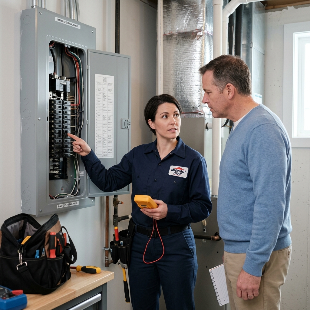 Technician explaining electric furnace breaker panel diagnosis to homeowner in Everett WA