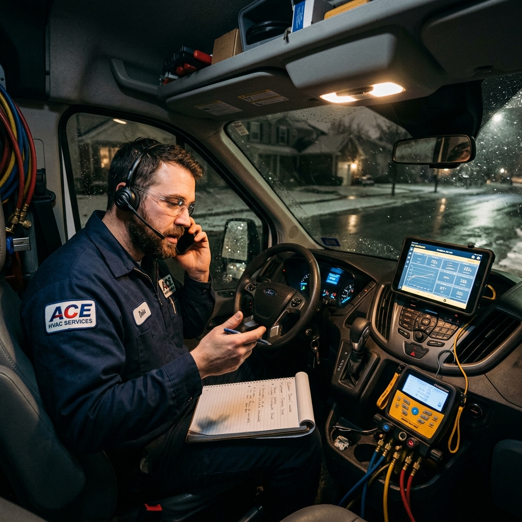 HVAC technician in service van at night consulting diagnostic notes during emergency furnace call in Everett