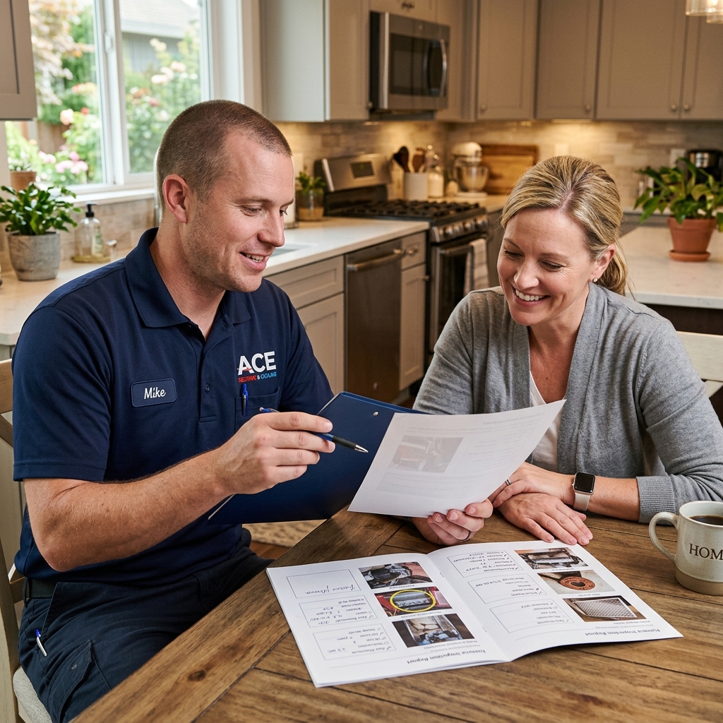 Technician reviewing furnace inspection report with homeowner in Everett WA