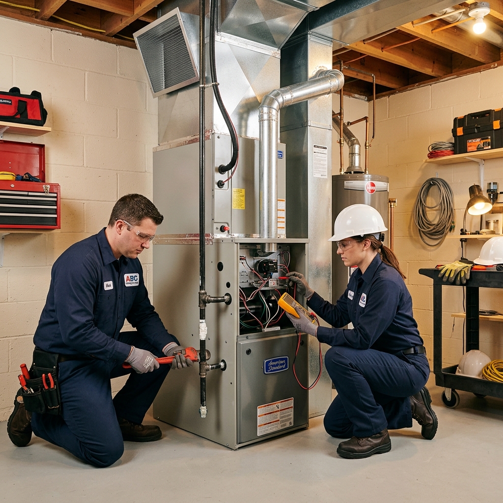 Two technicians working together to install a new furnace in an Everett WA home