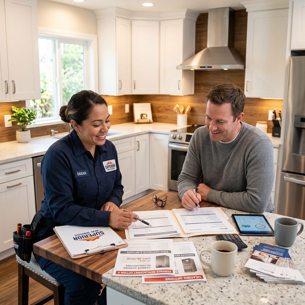 HVAC professional reviewing furnace replacement options and cost estimates with homeowner in Everett WA